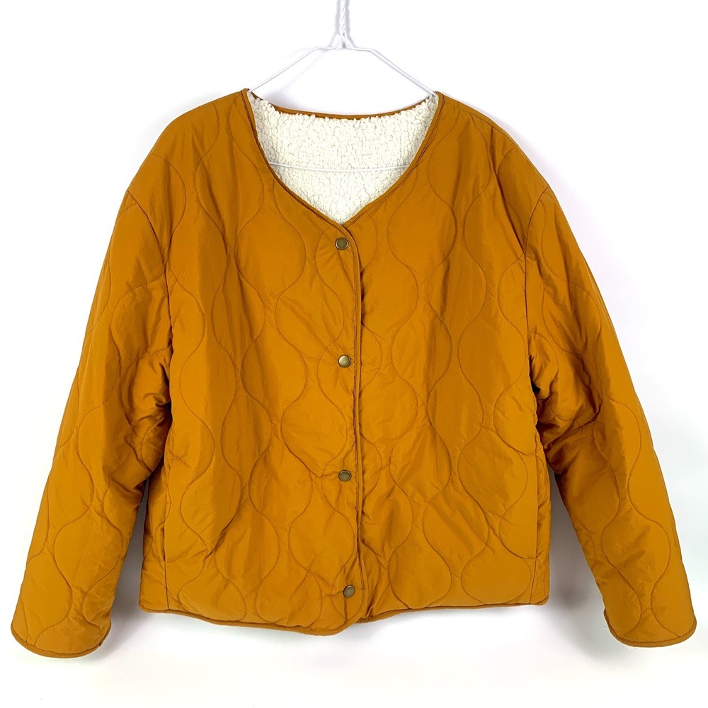 Double Zero Reversible Jacket Womens Sz M Sherpa Quilted Burnt Orange Collarless